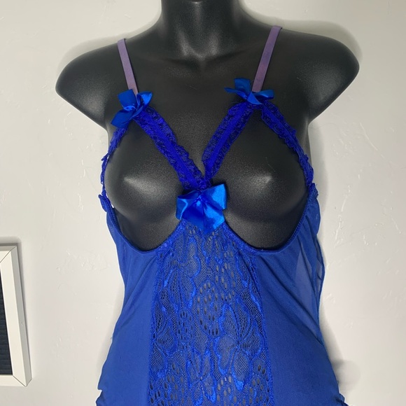 Blue Lace Cut Out Teddy Lingerie w/ Bows Open Back One Size Medium - Picture 3 of 11
